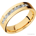 "6 mm wide/Flat/14K Yellow Gold band with an  arrangement of 9, .07 carat Round Diamond stones in a Channel setting."