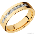 "6 mm wide/Flat/14K Yellow Gold band with an  arrangement of 9, .07 carat Round Diamond stones in a Channel setting."