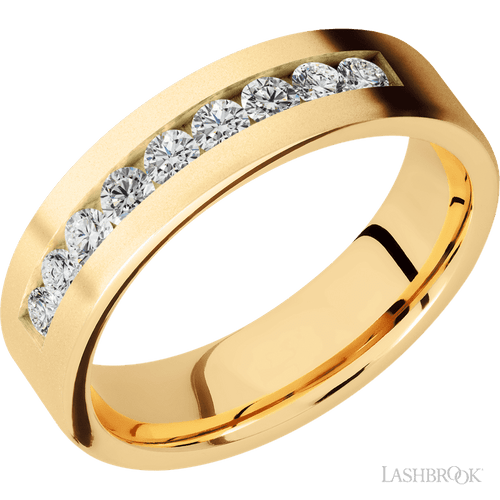 "6 mm wide/Flat/14K Yellow Gold band with an  arrangement of 9, .07 carat Round Diamond stones in a Channel setting."