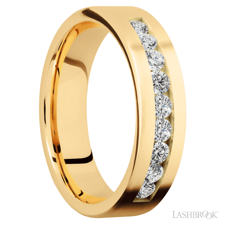 "6 mm wide/Flat/14K Yellow Gold band with an  arrangement of 9, .07 carat Round Diamond stones in a Channel setting."