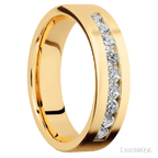 "6 mm wide/Flat/14K Yellow Gold band with an  arrangement of 9, .07 carat Round Diamond stones in a Channel setting."