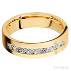 "6 mm wide/Flat/14K Yellow Gold band with an  arrangement of 9, .07 carat Round Diamond stones in a Channel setting."
