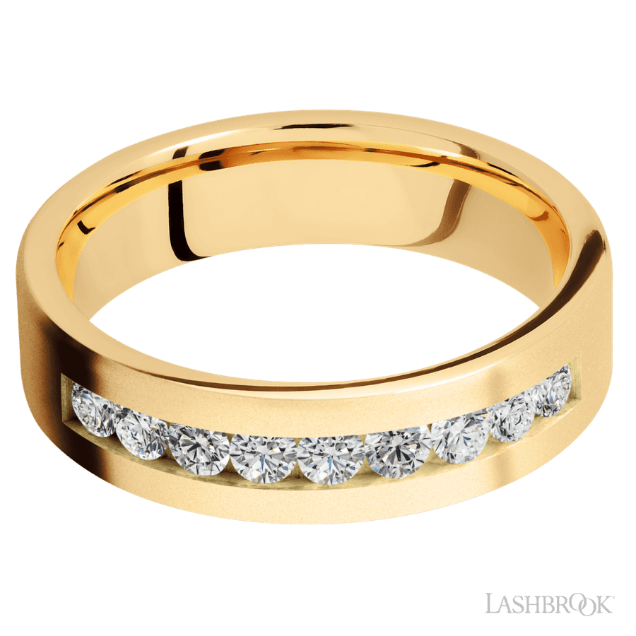 "6 mm wide/Flat/14K Yellow Gold band with an  arrangement of 9, .07 carat Round Diamond stones in a Channel setting."