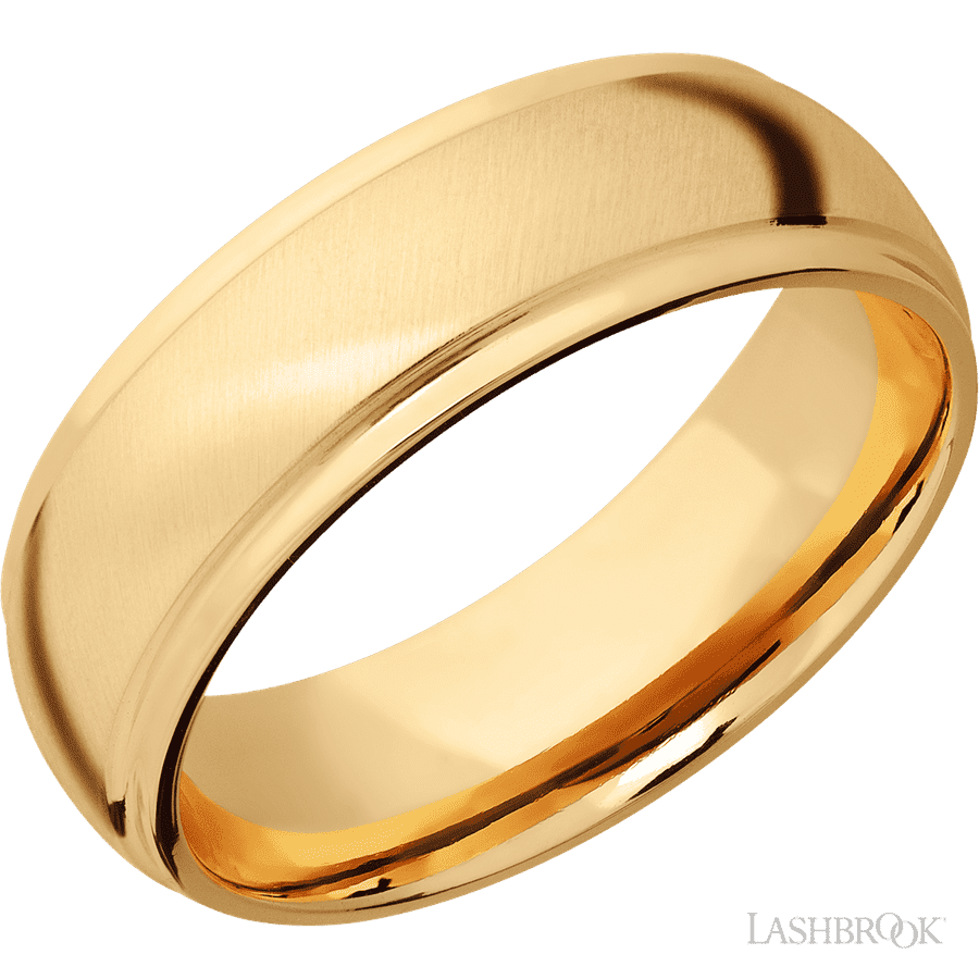 7 mm wide Domed Stepped Down Edges 14K Yellow Gold band.