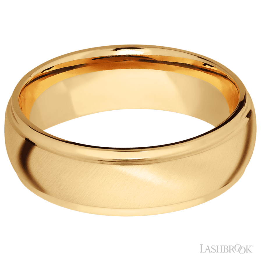 7 mm wide Domed Stepped Down Edges 14K Yellow Gold band.