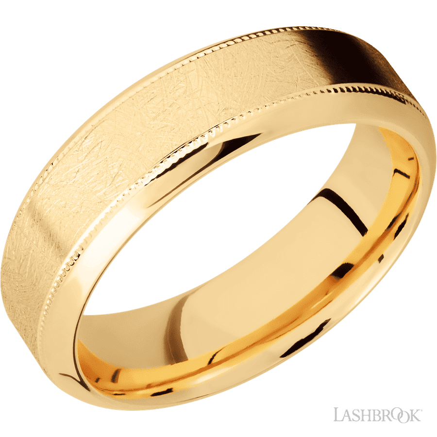 7 mm wide High Bevel Milgrain 14K Yellow Gold band.