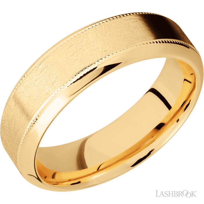 7 mm wide High Bevel Milgrain 14K Yellow Gold band.
