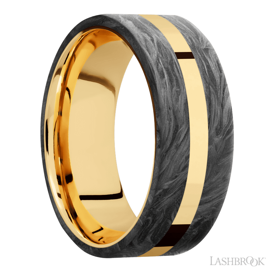8 mm wide/Flat/14K Yellow Gold band with two 3 mm Double Off Center Edge inlays of Forged Carbon Fiber.