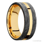 8 mm wide/Flat/14K Yellow Gold band with two 3 mm Double Off Center Edge inlays of Forged Carbon Fiber.