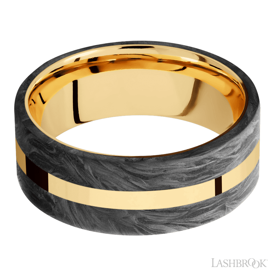 8 mm wide/Flat/14K Yellow Gold band with two 3 mm Double Off Center Edge inlays of Forged Carbon Fiber.