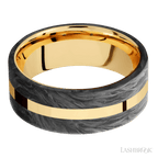 8 mm wide/Flat/14K Yellow Gold band with two 3 mm Double Off Center Edge inlays of Forged Carbon Fiber.