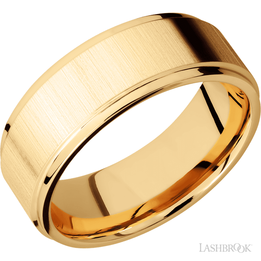 8 mm wide Flat Grooved Edges 14K Yellow Gold band.