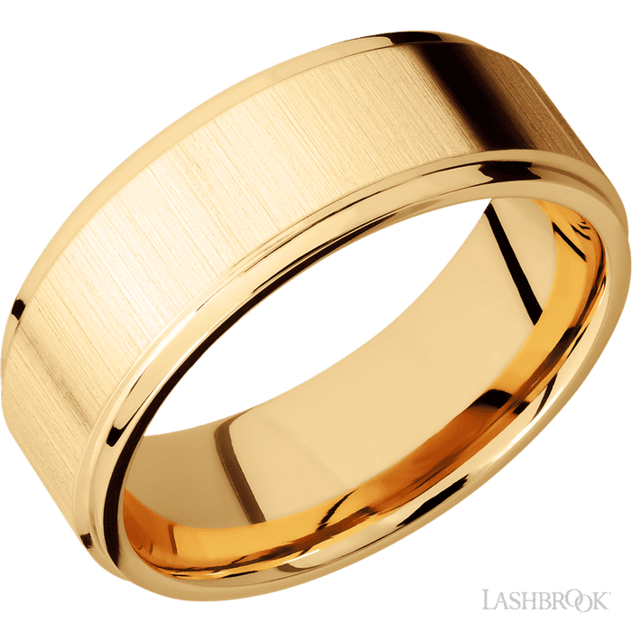8 mm wide Flat Grooved Edges 14K Yellow Gold band.