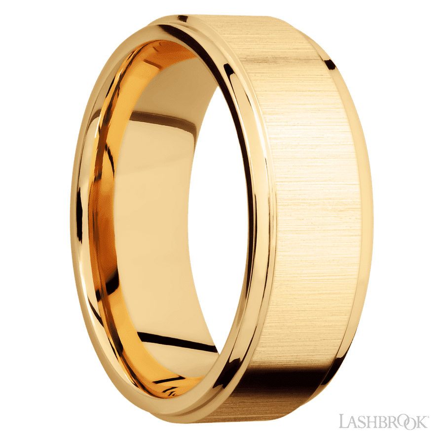 8 mm wide Flat Grooved Edges 14K Yellow Gold band.