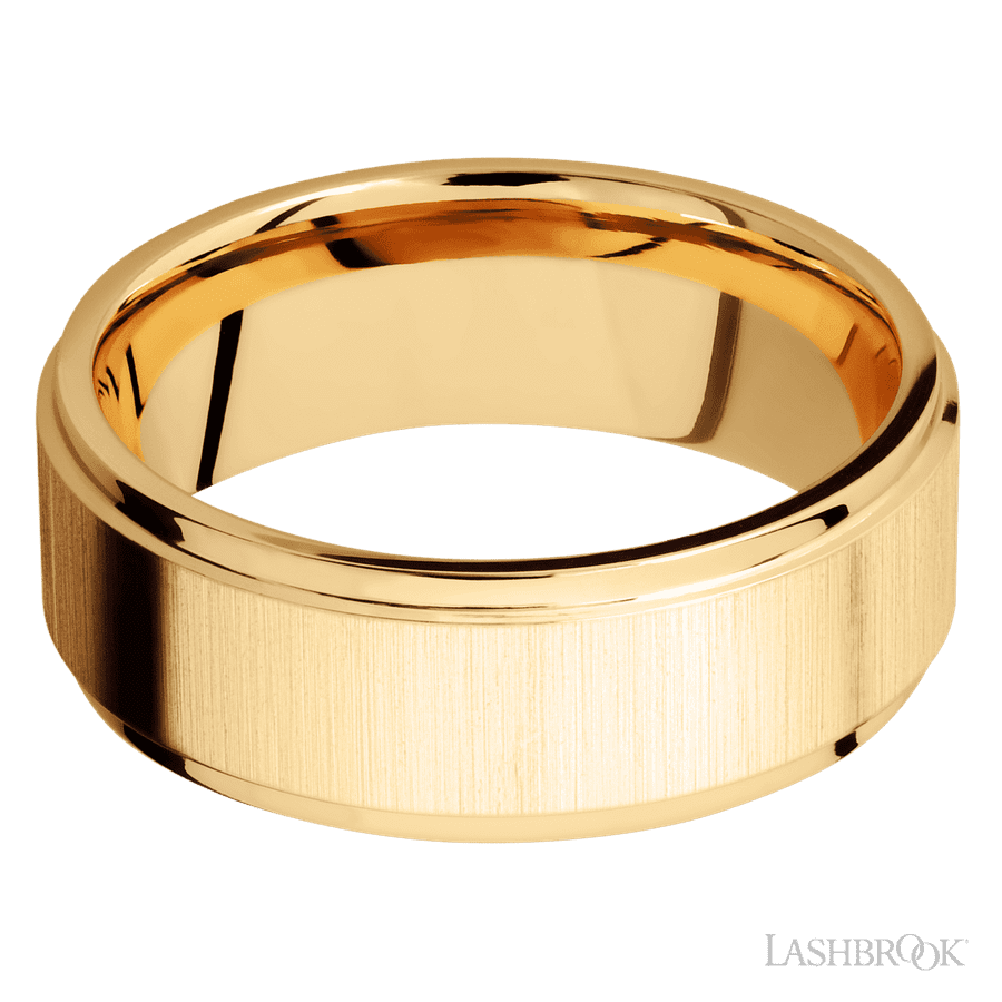 8 mm wide Flat Grooved Edges 14K Yellow Gold band.