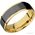 7 mm wide/Flat Grooved Edges/14K Yellow Gold band with one 5 mm Raised Centered inlay of Zirconium.