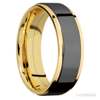 7 mm wide/Flat Grooved Edges/14K Yellow Gold band with one 5 mm Raised Centered inlay of Zirconium.