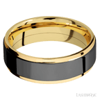 7 mm wide/Flat Grooved Edges/14K Yellow Gold band with one 5 mm Raised Centered inlay of Zirconium.