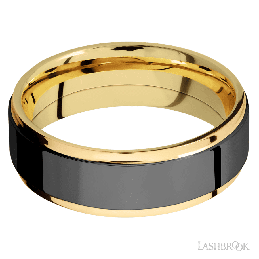 7 mm wide/Flat Grooved Edges/14K Yellow Gold band with one 5 mm Raised Centered inlay of Zirconium.