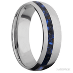 7 mm wide/Domed/Titanium band with one 2 mm Off Center inlay of Blue Tiger Eye.