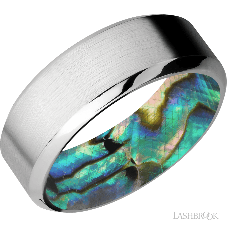 8 mm wide High Bevel Cobalt Chrome band featuring a Abalone sleeve.