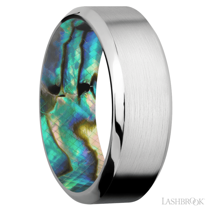 8 mm wide High Bevel Cobalt Chrome band featuring a Abalone sleeve.