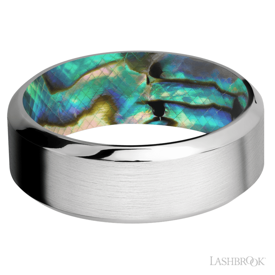 8 mm wide High Bevel Cobalt Chrome band featuring a Abalone sleeve.