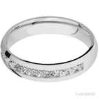 5 mm wide/Domed/Cobalt Chrome band with a Half Eternity arrangement of .07 carat Round Diamond stones in a Channel setting.