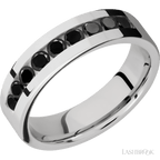 "6 mm wide/Flat/Cobalt Chrome band with an  arrangement of 9, .1 carat Round Black Diamond stones in a Channel setting."
