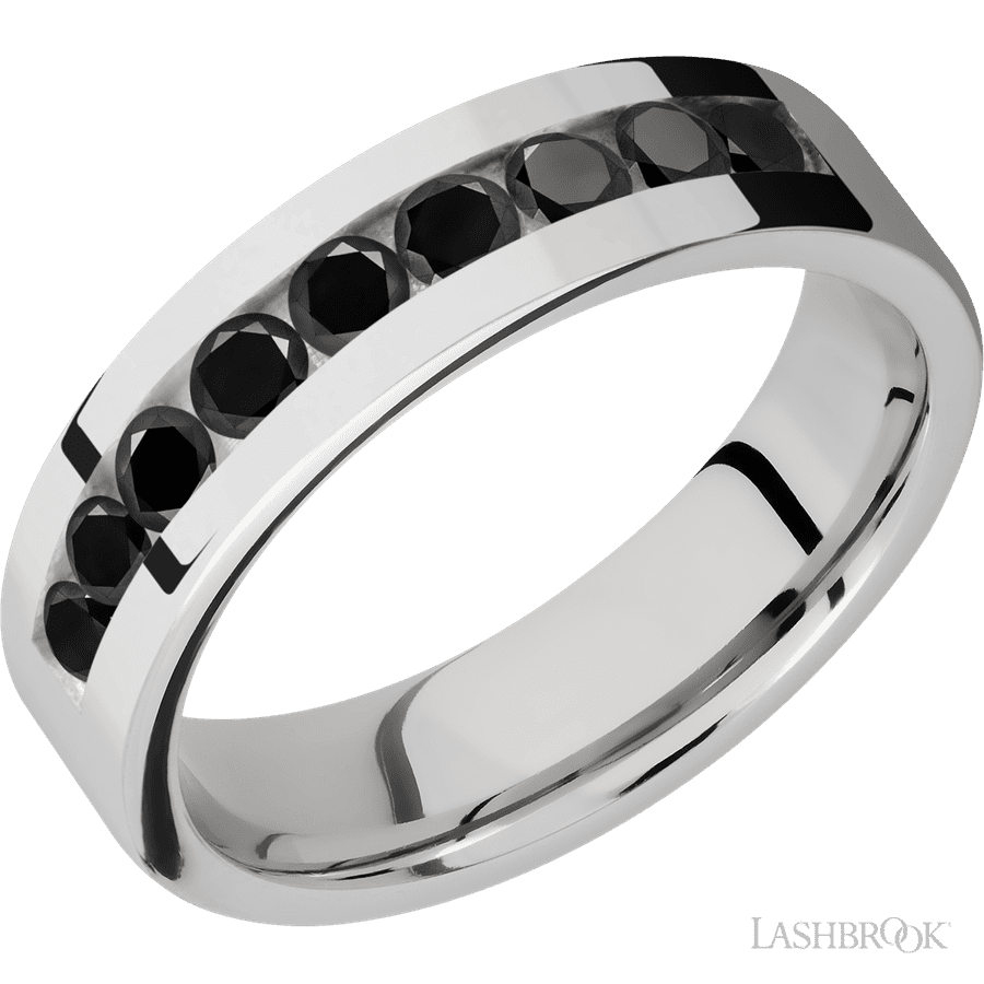 "6 mm wide/Flat/Cobalt Chrome band with an  arrangement of 9, .1 carat Round Black Diamond stones in a Channel setting."