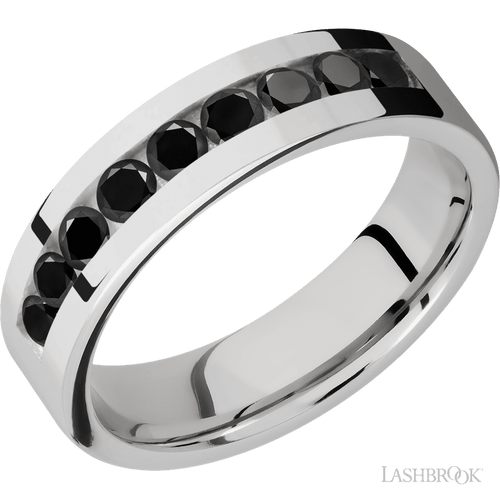 "6 mm wide/Flat/Cobalt Chrome band with an  arrangement of 9, .1 carat Round Black Diamond stones in a Channel setting."
