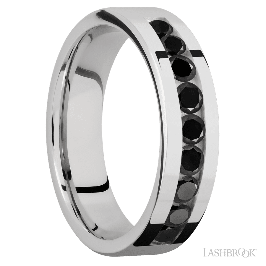 "6 mm wide/Flat/Cobalt Chrome band with an  arrangement of 9, .1 carat Round Black Diamond stones in a Channel setting."
