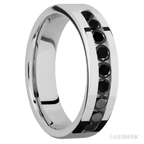 "6 mm wide/Flat/Cobalt Chrome band with an  arrangement of 9, .1 carat Round Black Diamond stones in a Channel setting."