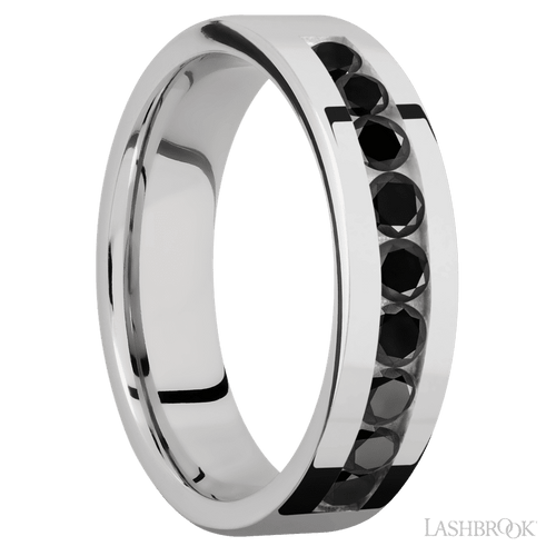 "6 mm wide/Flat/Cobalt Chrome band with an  arrangement of 9, .1 carat Round Black Diamond stones in a Channel setting."