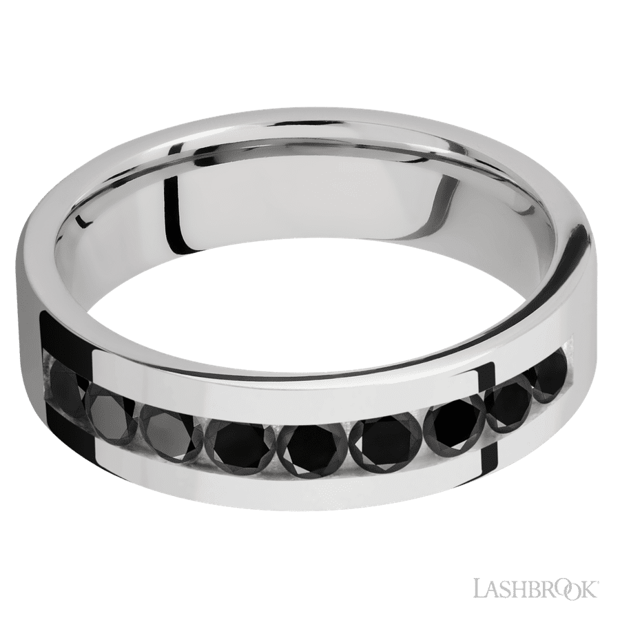 "6 mm wide/Flat/Cobalt Chrome band with an  arrangement of 9, .1 carat Round Black Diamond stones in a Channel setting."
