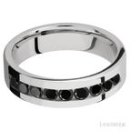 "6 mm wide/Flat/Cobalt Chrome band with an  arrangement of 9, .1 carat Round Black Diamond stones in a Channel setting."