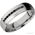 "6 mm wide/Flat Grooved Edges/Cobalt Chrome band with an  arrangement of 9, .03 carat Round Black Diamond stones in a Channel setting."
