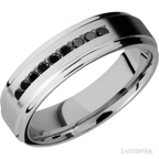 "6 mm wide/Flat Grooved Edges/Cobalt Chrome band with an  arrangement of 9, .03 carat Round Black Diamond stones in a Channel setting."