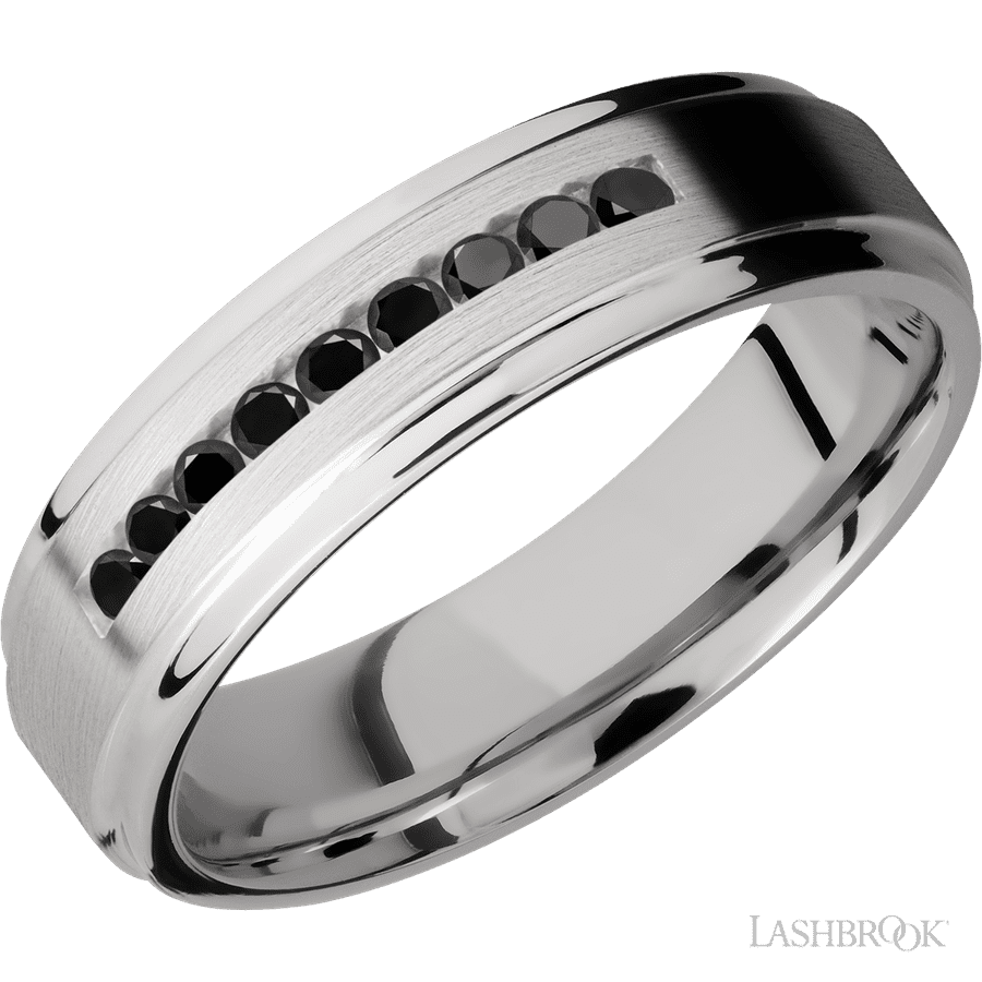 "6 mm wide/Flat Grooved Edges/Cobalt Chrome band with an  arrangement of 9, .03 carat Round Black Diamond stones in a Channel setting."
