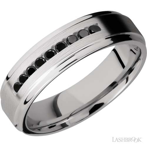 "6 mm wide/Flat Grooved Edges/Cobalt Chrome band with an  arrangement of 9, .03 carat Round Black Diamond stones in a Channel setting."