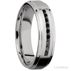 "6 mm wide/Flat Grooved Edges/Cobalt Chrome band with an  arrangement of 9, .03 carat Round Black Diamond stones in a Channel setting."