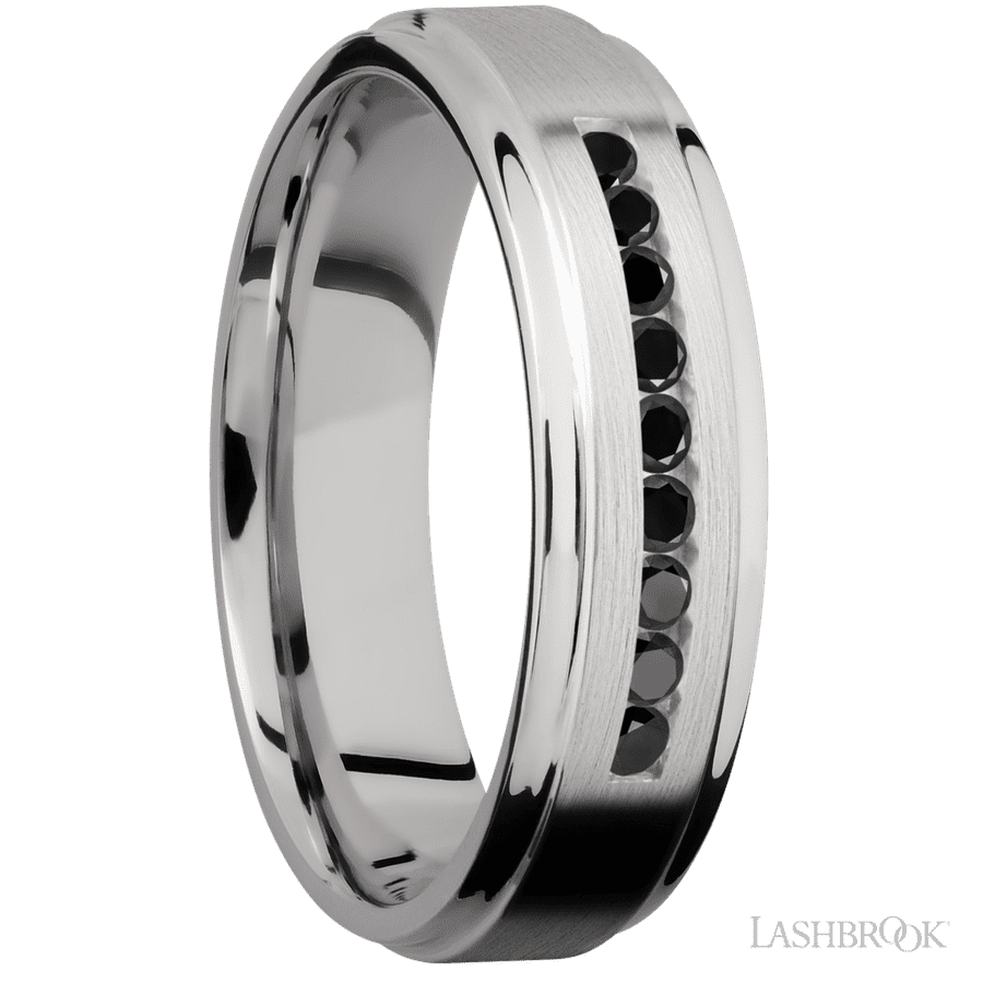 "6 mm wide/Flat Grooved Edges/Cobalt Chrome band with an  arrangement of 9, .03 carat Round Black Diamond stones in a Channel setting."