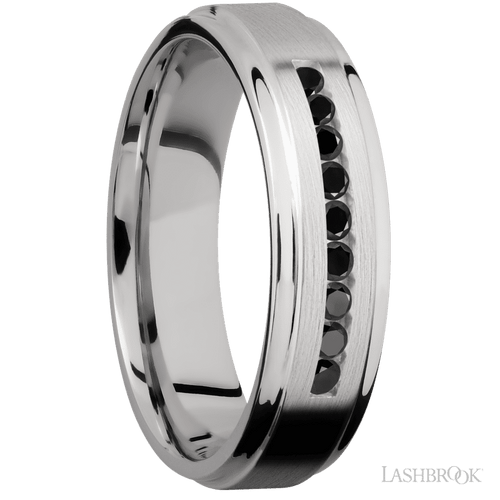 "6 mm wide/Flat Grooved Edges/Cobalt Chrome band with an  arrangement of 9, .03 carat Round Black Diamond stones in a Channel setting."