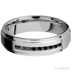 "6 mm wide/Flat Grooved Edges/Cobalt Chrome band with an  arrangement of 9, .03 carat Round Black Diamond stones in a Channel setting."