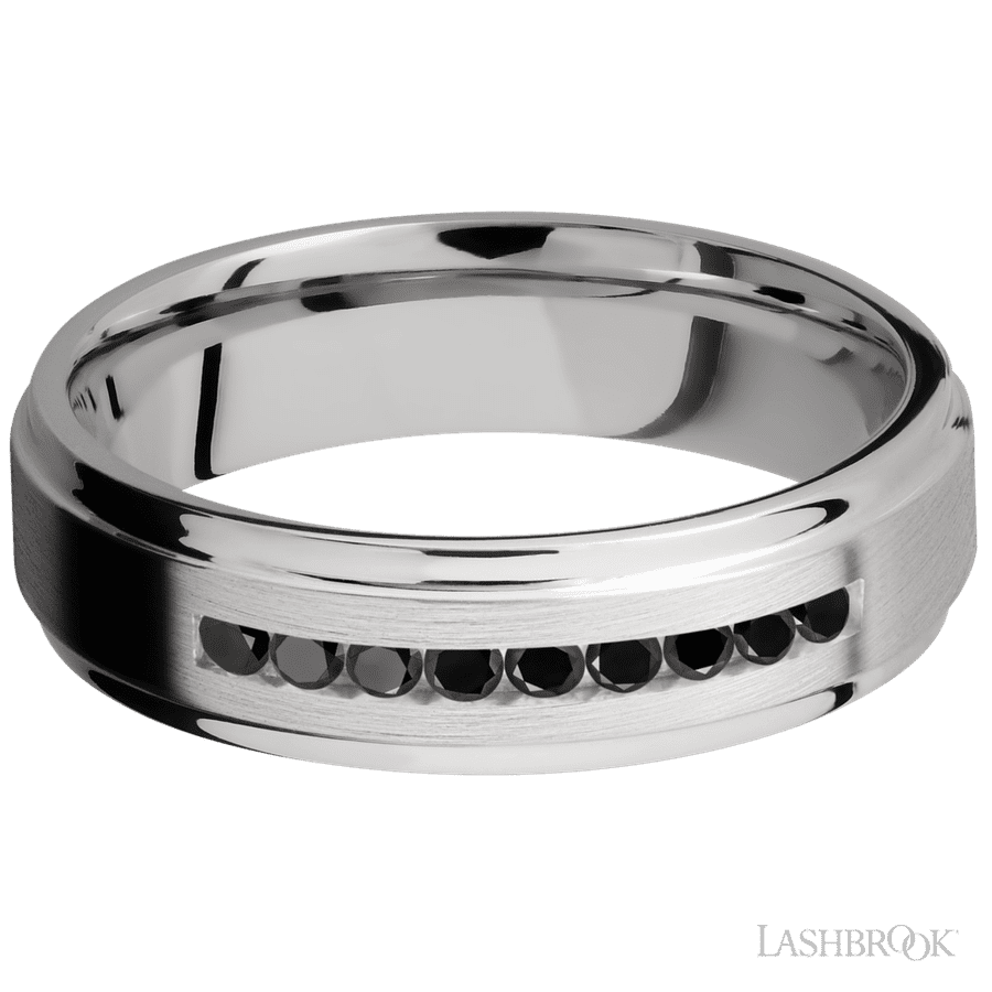 "6 mm wide/Flat Grooved Edges/Cobalt Chrome band with an  arrangement of 9, .03 carat Round Black Diamond stones in a Channel setting."