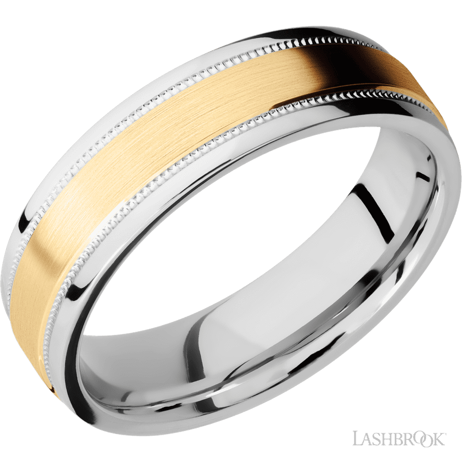 6 mm wide/Flat Stepped Edges Milgrain/Cobalt Chrome band with one 3 mm Raised Centered inlay of 14K Yellow Gold.