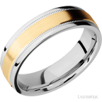 6 mm wide/Flat Stepped Edges Milgrain/Cobalt Chrome band with one 3 mm Raised Centered inlay of 14K Yellow Gold.