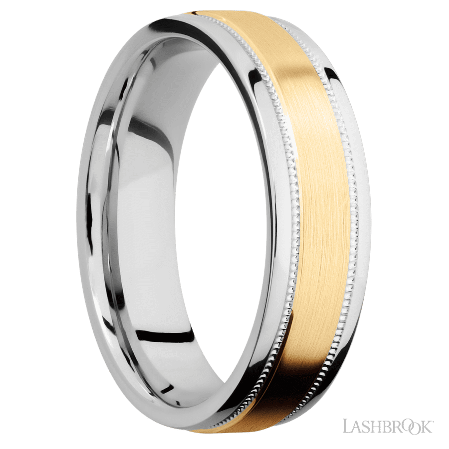6 mm wide/Flat Stepped Edges Milgrain/Cobalt Chrome band with one 3 mm Raised Centered inlay of 14K Yellow Gold.