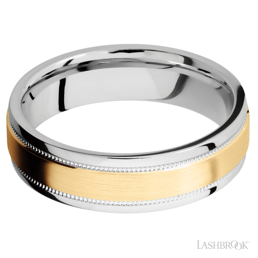 6 mm wide/Flat Stepped Edges Milgrain/Cobalt Chrome band with one 3 mm Raised Centered inlay of 14K Yellow Gold.