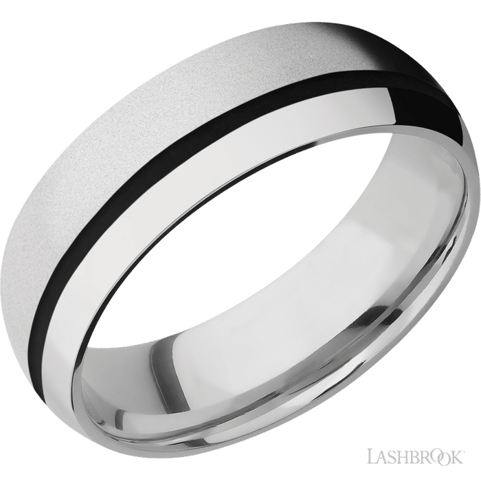 7 mm wide/Domed/Cobalt Chrome band with one 1 mm Off Center inlay of Black.